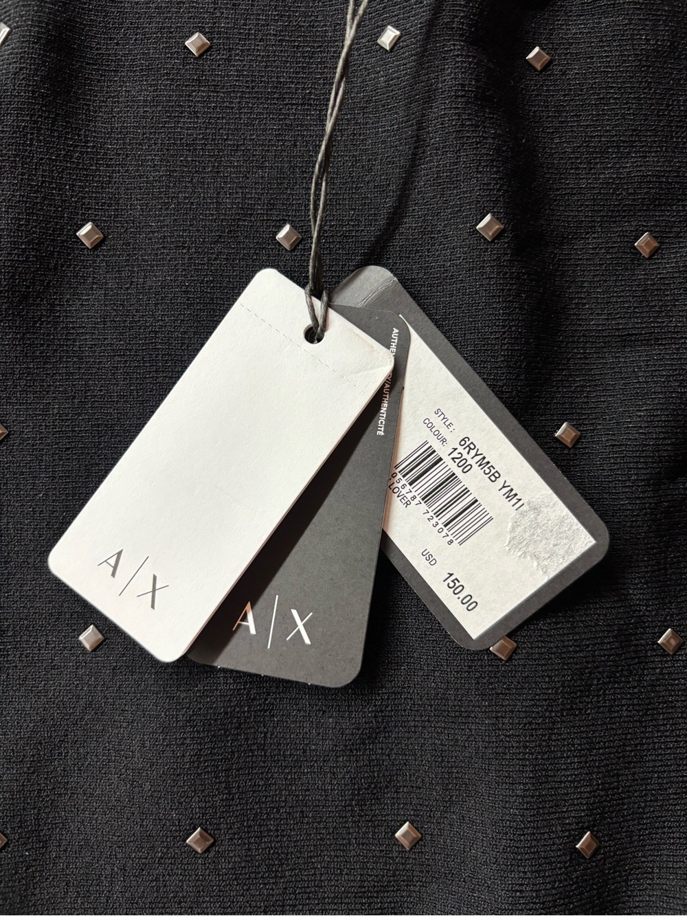 NWT A|X Armani Exchange Black Studded Knit Top - Picture 2 of 4